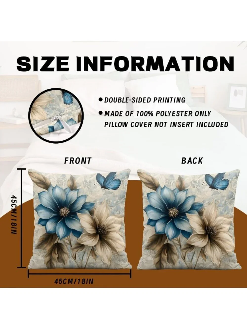 Elegant Floral Butterfly Throw Pillow Covers Set of 4 - 18x18 Blue Gold White
